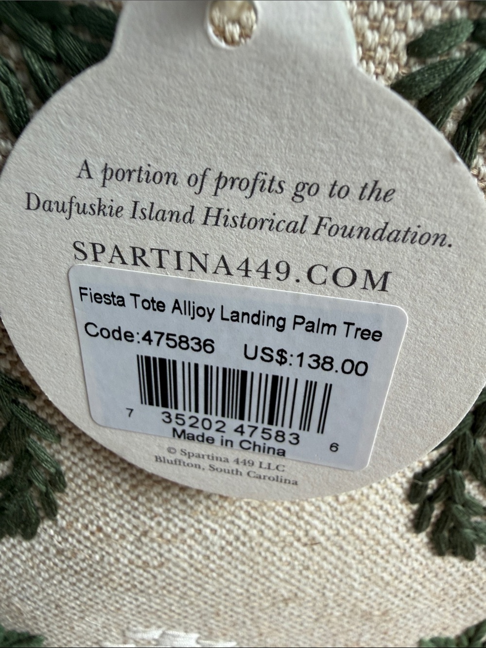 Spartina 449 Fiesta Tote Alljoy Landing Palm Tree Embroidered Canvas Tote - Picture 2 of 5